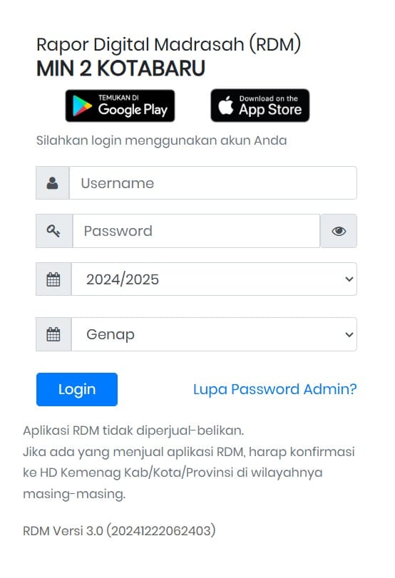 Tampilan login aplikasi RDM MIN 2 Kotabaru